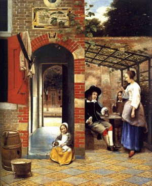 Figures drinking in a courtyard